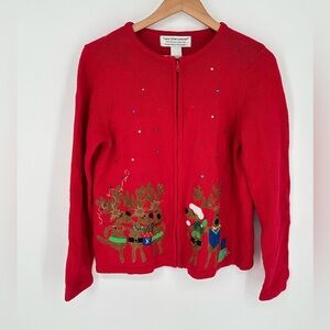 Vintage Tiara International Holiday Cardigan Women’s M Reindeer Zip Christmas K3